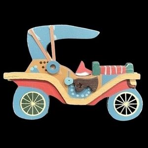 Vintage Large Wooden Old Style Car Christmas Ornament 4.75" Taiwan Holiday Decor